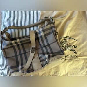 Burberry Tan and Gray Messenger Bag with Iconic Check Pattern